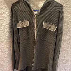 Gray/green Waffle Knit Cardigan with Button Details and hood